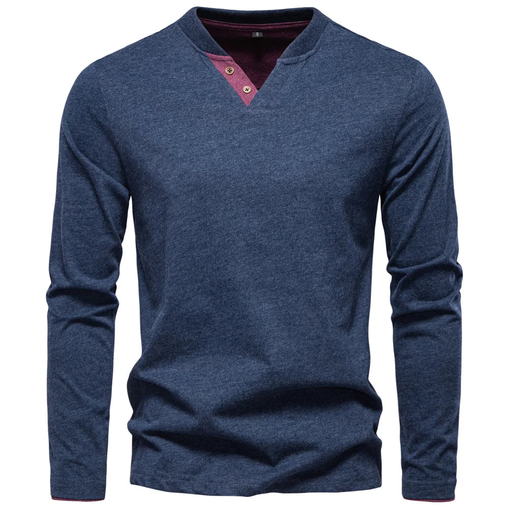 Navyfarbenes Henley-Langarmshirt mit V-Ausschnitt und Knopfleiste