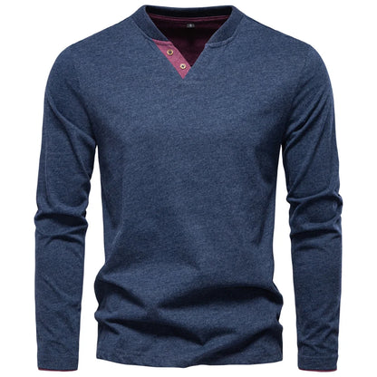 Navyfarbenes Henley-Langarmshirt mit V-Ausschnitt und Knopfleiste