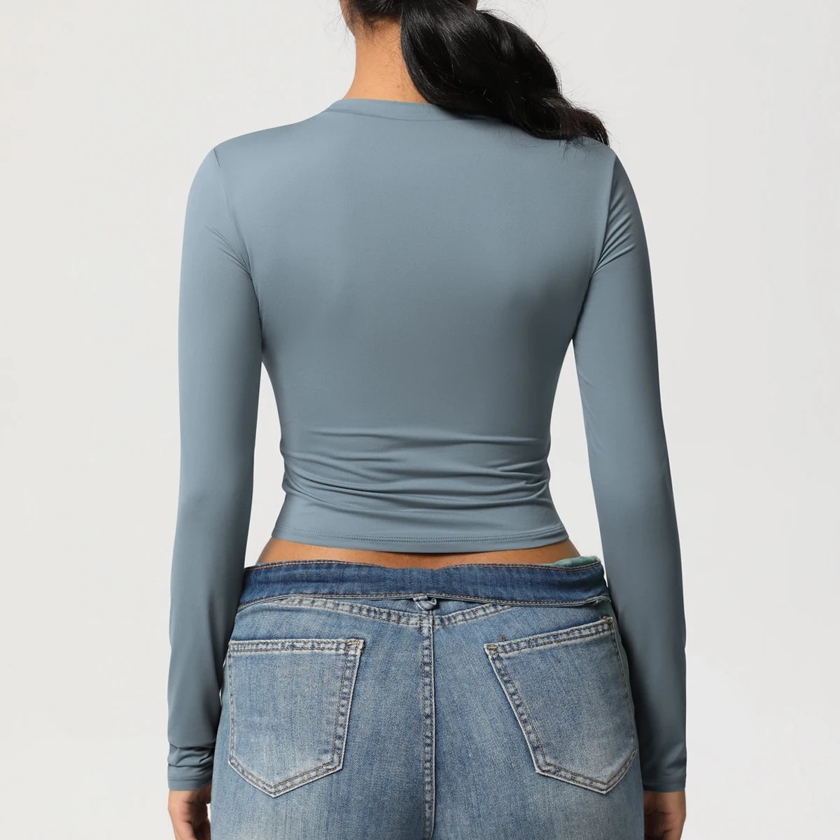 Damen-Langarmshirt Slim Fit blau-grau, Rückansicht mit taillierter Passform
