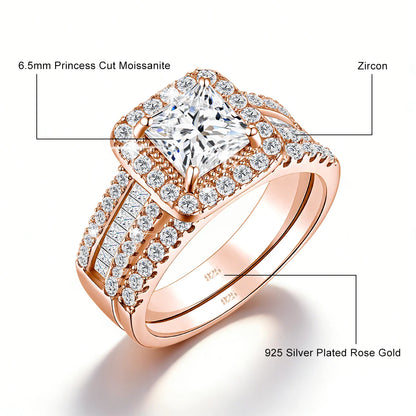 Damen-2er-Verlobungsring-Set aus 925-Silber mit Moissanit im Prinzessin-Schnitt Halo-Design