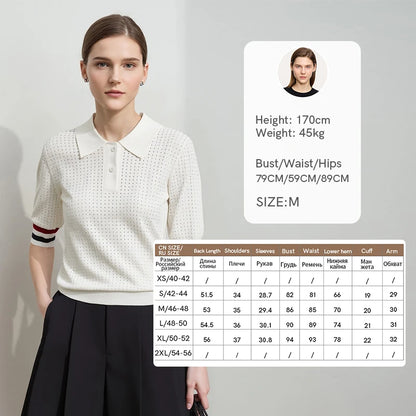 Damen-Poloshirt aus Strick, cremeweiß, kurze Ärmel mit Kontraststreifen und Knopfleiste