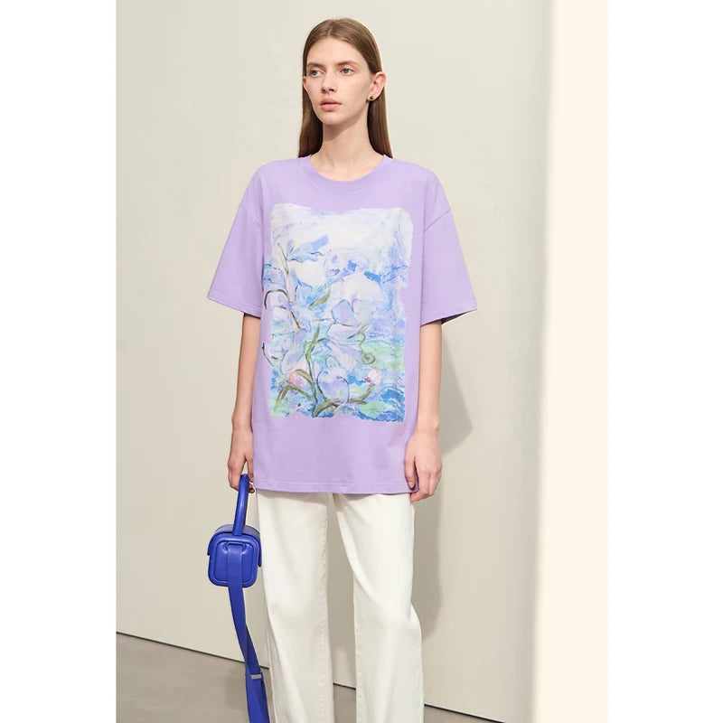 Damen T-Shirt im Minimalismus-Stil mit Kunstöl-Farbdruck für den Sommer