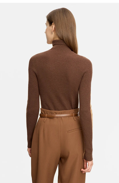 Damen-Rollkragenpullover 100 % Wolle Farbkontrast Slim Fit Frühling
