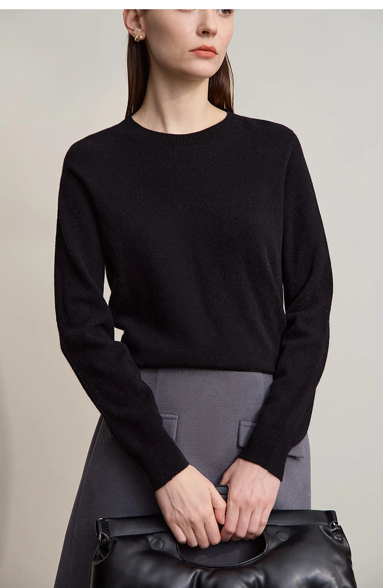 Damenpullover mit Rundhalsausschnitt, lange Ärmel, schwarzer Wollpullover