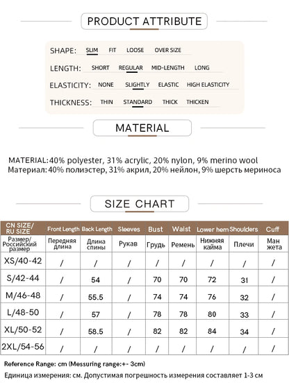 Produktattribute- und Größenchart mit Materialangaben und Maßtabelle