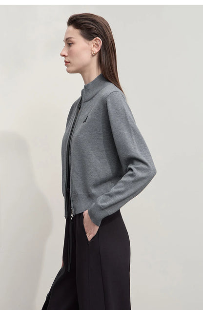 Damen-Rollkragen-Strickjacke kurz Reißverschluss Wolle Herbst-Winter