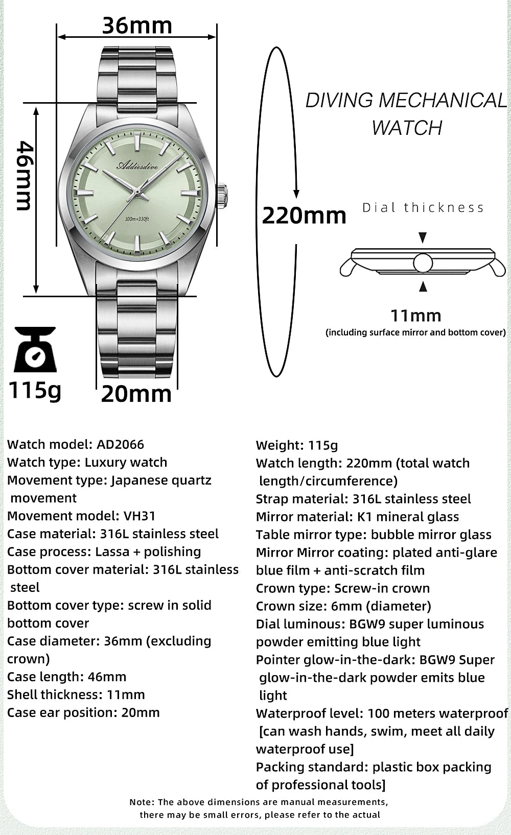 Herren-Sportuhr 36 mm mit Bubble-Glas und BGW9-Leuchtwerk