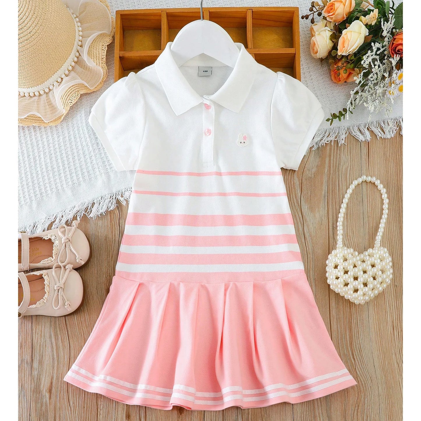 Modisches Polokleid für Mädchen mit Streifen, für Kinder, elegante Puffärmel, Kleidung für Babys, Sommerkleider