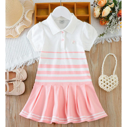 Modisches Polokleid für Mädchen mit Streifen, für Kinder, elegante Puffärmel, Kleidung für Babys, Sommerkleider