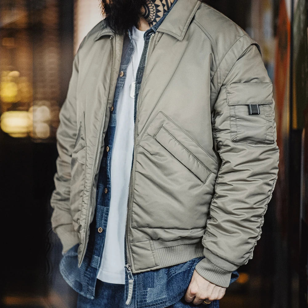 Herren Pilotenjacke Graugrün Warmer Mit Baumwolle Gefütterter Mantel Revers Taschen