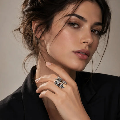 Damen-Ring Ritterhelm vergoldet Vintage Winter aus Sterlingsilber