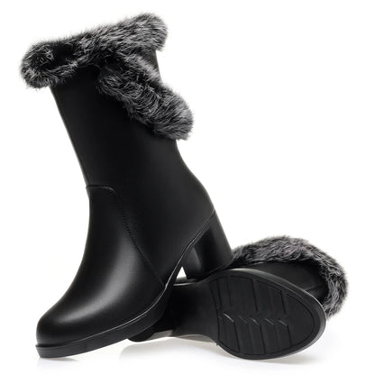 Damen Stiefel aus echtem Leder mit quadratischem Absatz und Fellfutter