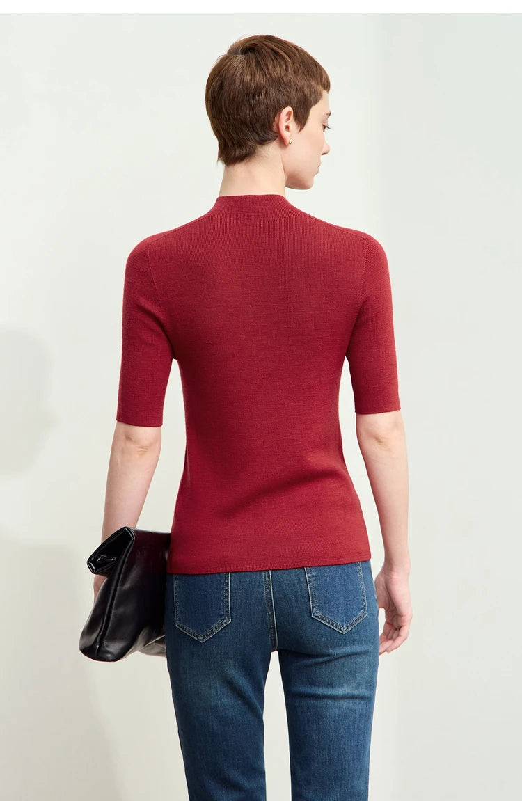 Damenpullover mit halbem Rollkragen, kurze Ärmel, weinrot, Rückansicht