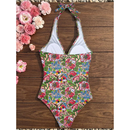 Damen Badeanzug Blumen V-Ausschnitt Neckholder Monokini hoher Beinausschnitt C