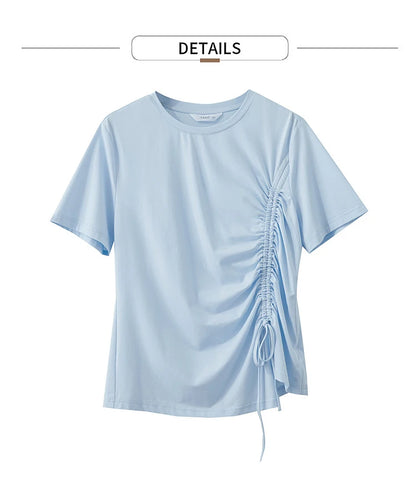 Damen Sommer T-Shirt mit Rundhals und Kordelzug in lässiger Form