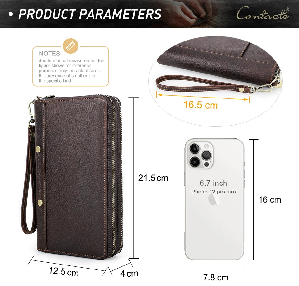Braune Leder-Clutch mit Reißverschluss und Handschlaufe, Vorderansicht; schlankes Design