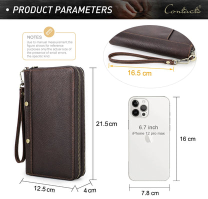 Braune Leder-Clutch mit Reißverschluss und Handschlaufe, Vorderansicht; schlankes Design