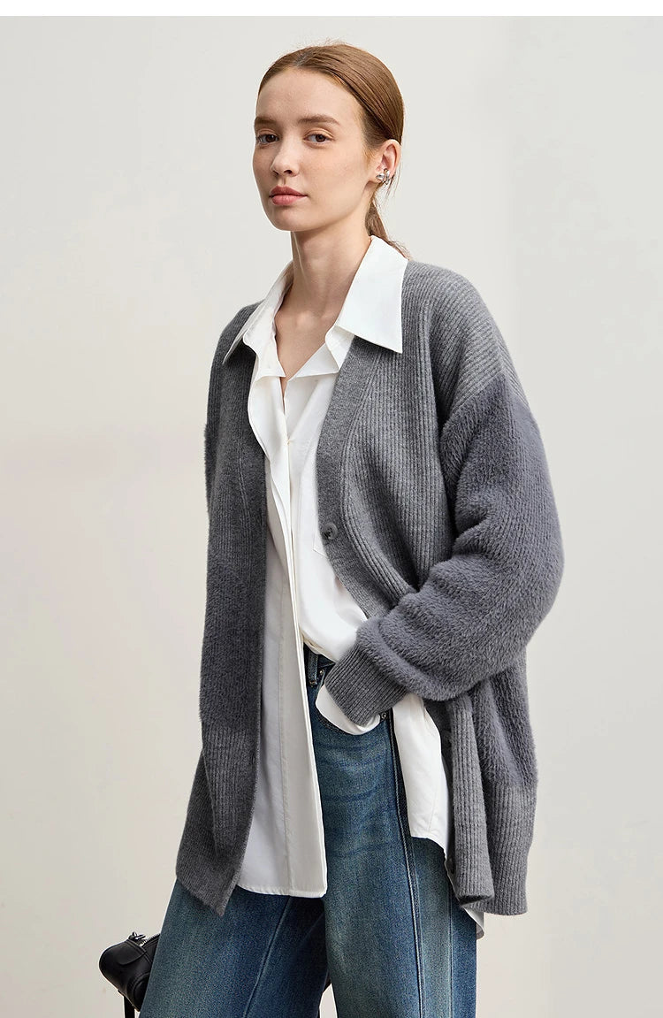 Damen-Strickjacke V-Ausschnitt dick warm locker elastisch Winter