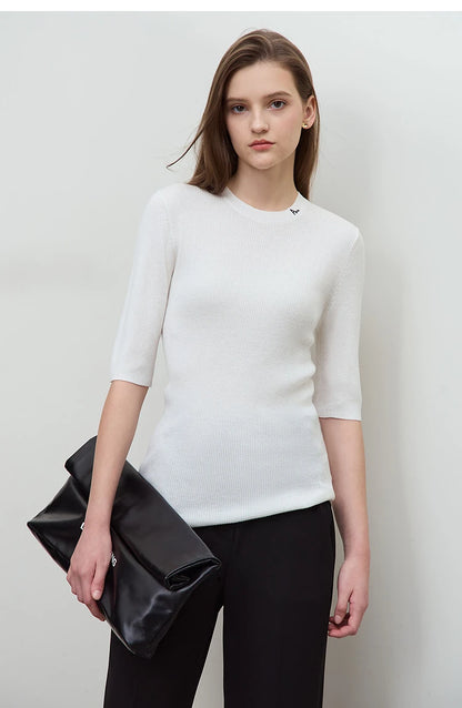 Weißer Damen-Strickpullover mit Rundhalsausschnitt und mittleren Ärmeln, einfarbig