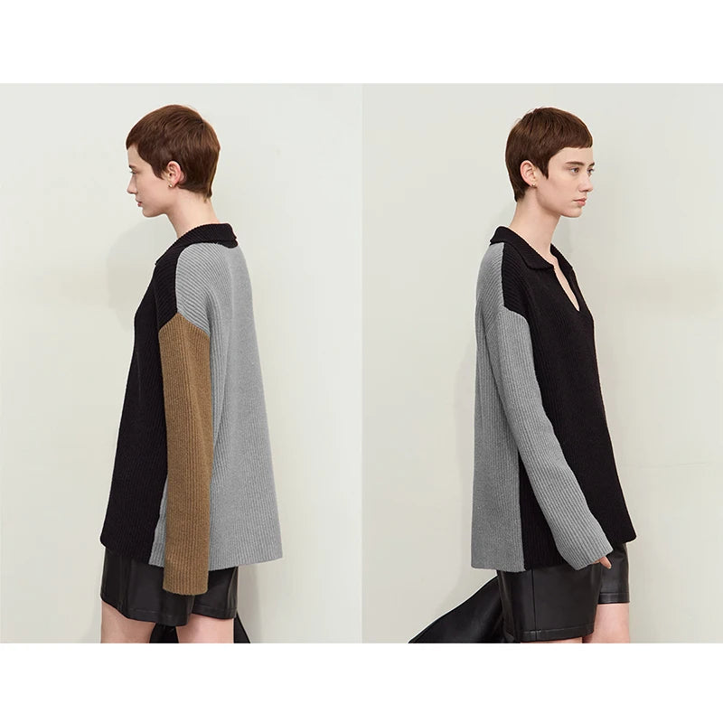 Damen V-Ausschnitt Pullover Patchwork Raglan locker Herbst-Winter