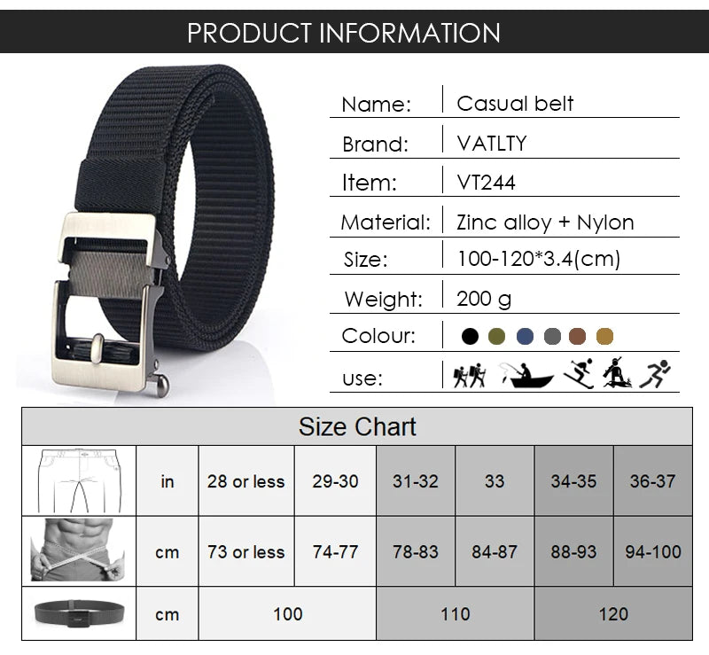 Herren-Gürtel aus Nylon 3,4 cm Breite mit Automatikverschluss für Outdoor-Wandern
