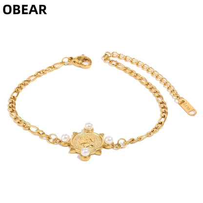 Damen-Armband mit Figaro-Kette und Porträtmünze