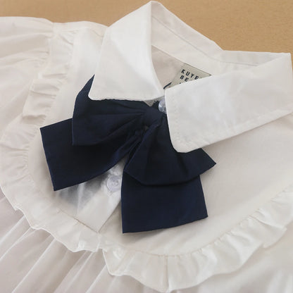 Mädchenkleid mit marineblauer Schleife, 100 % Baumwolle, kurzärmeliges, plissiertes Hemdkleid für lässige Schulkleidung, 5–12 Jahre, Sommerkleidung