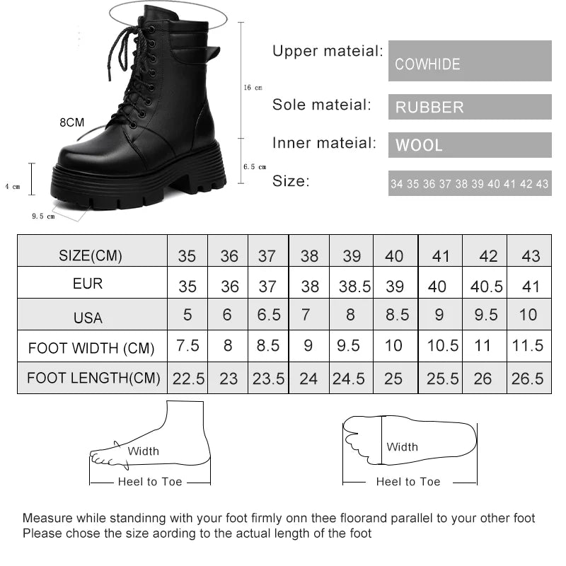 Größen- und Maßtabelle für schwarze Damen-Winterstiefel, mit Wollfutter und Plateau-Sohle