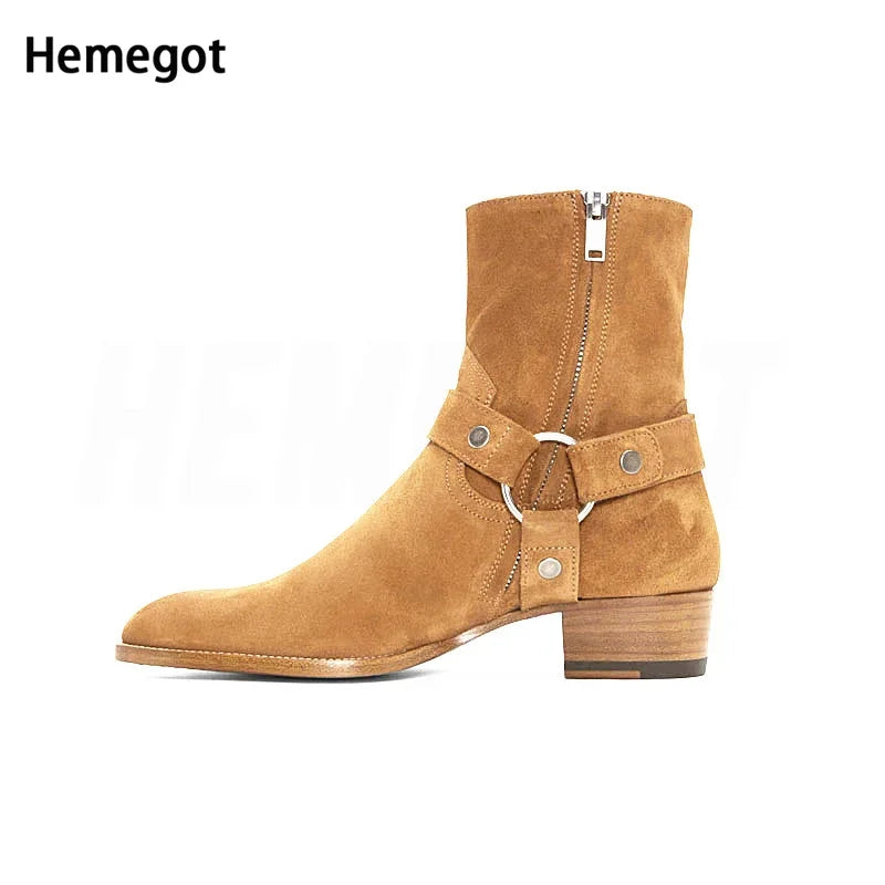 Herren-Chelsea-Boots, camelfarbenes Wildleder, seitlicher Reißverschluss, Riemen mit Ring