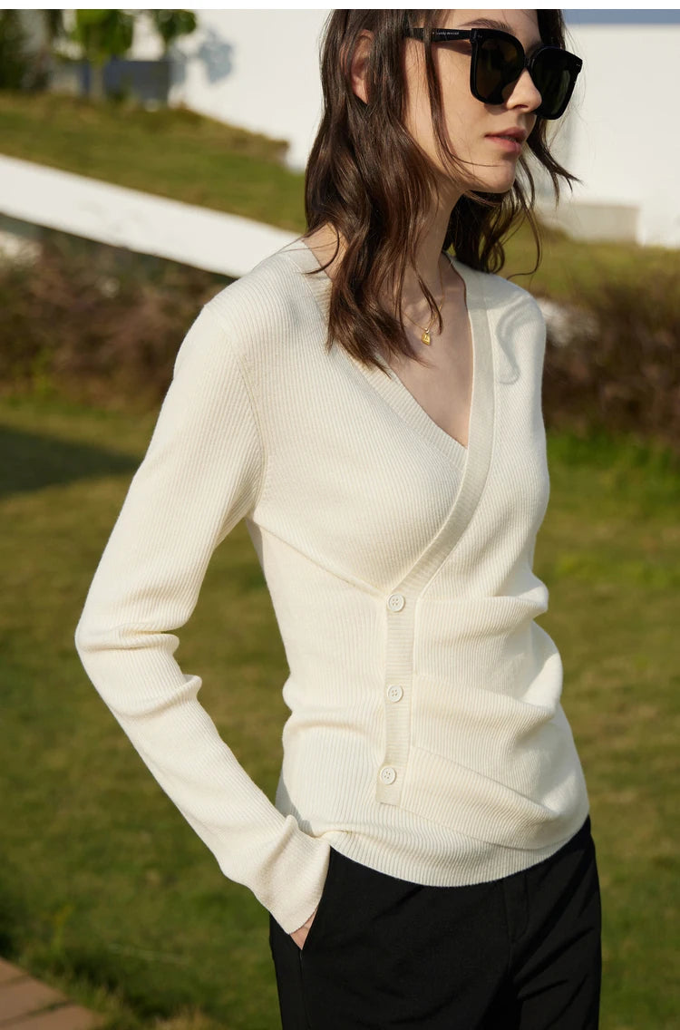 Damen V-Ausschnitt Pullover Kaschmir Slim Shirring Büro Frühling