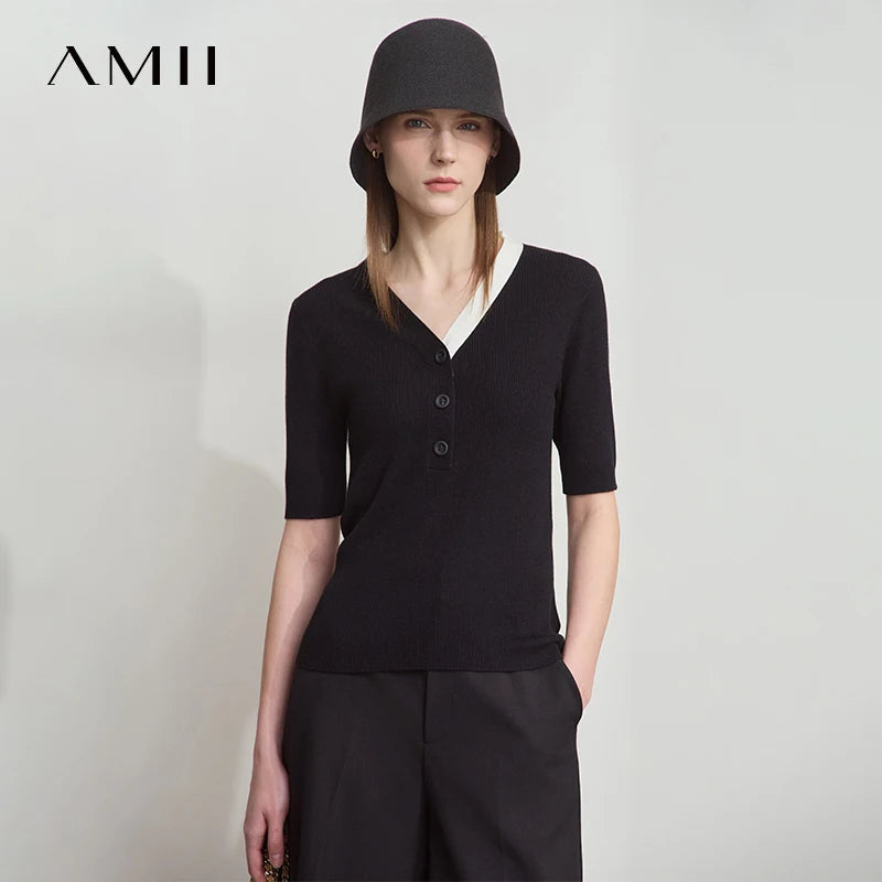Damen-Strickpullover schwarz mit V-Ausschnitt und Knopfleiste, kurze Ärmel