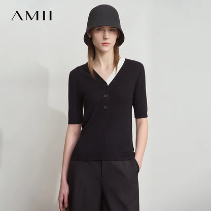 Damen-Strickpullover schwarz mit V-Ausschnitt und Knopfleiste, kurze Ärmel