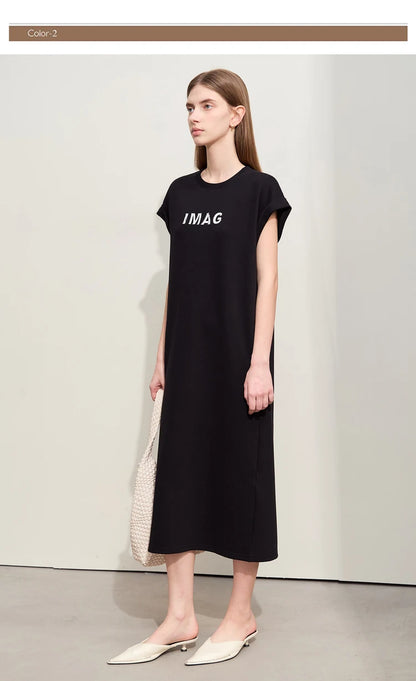 Damen Kleid für Sommer neue lässige O-Ausschnitt Kurzarm Midi gerade Perlen Stickerei Kleid Dame