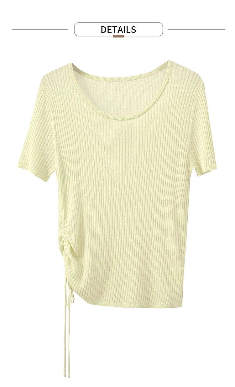 AMII Damen-Pullover kurzarm, Rundhals, gelber Rippenstrick mit Kordelzug am Saum