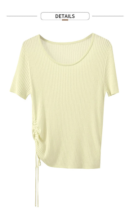 AMII Damen-Pullover kurzarm, Rundhals, gelber Rippenstrick mit Kordelzug am Saum