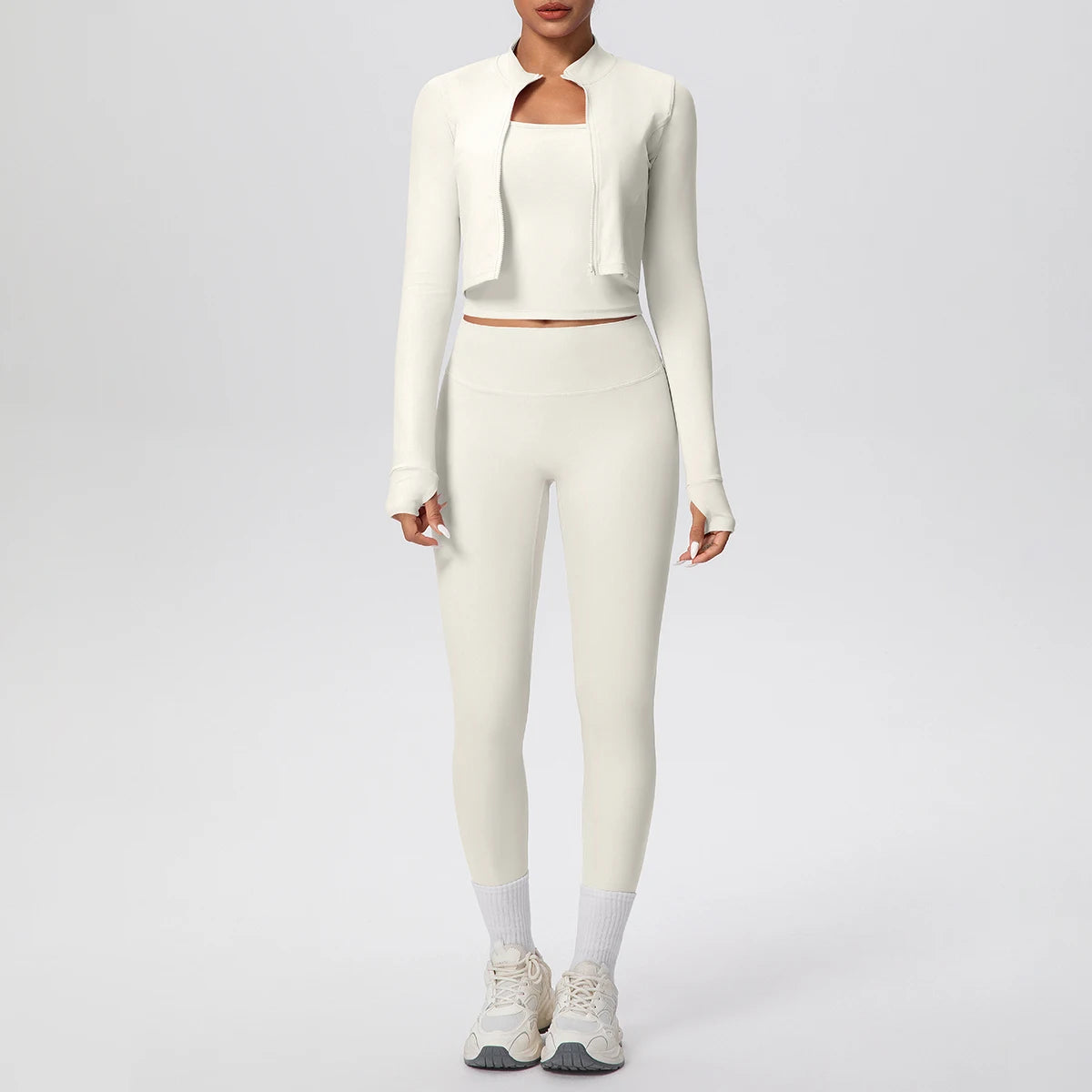 Hamidou Yoga-Set (3-teilig) mit Jacke, Top und Leggings, helles Elfenbein