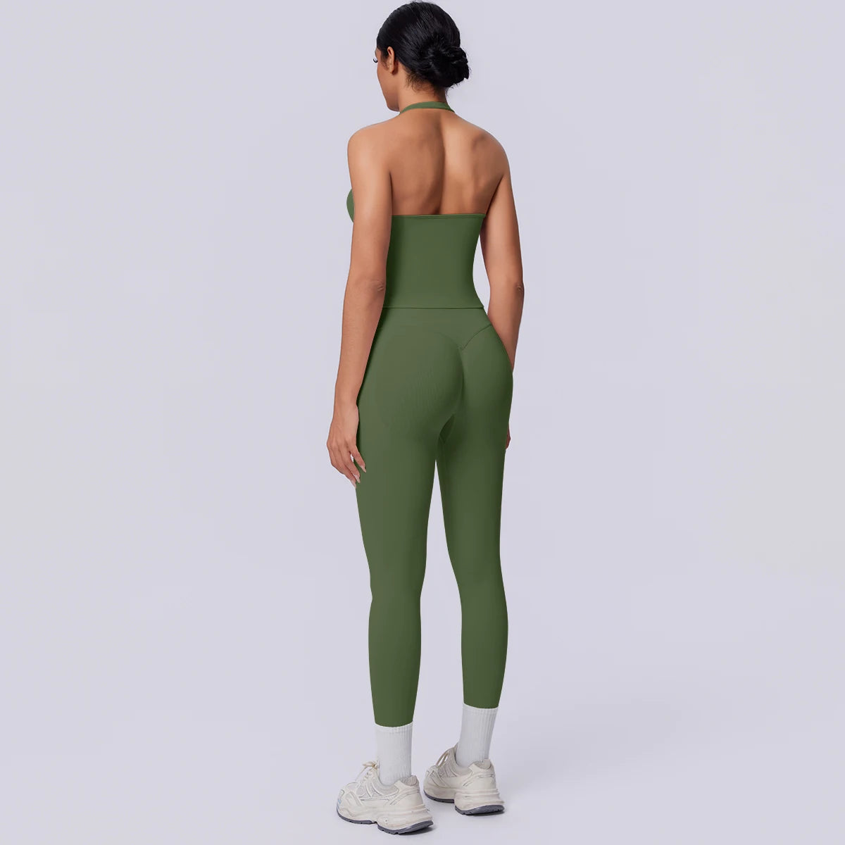 Nahtloses Yoga-Set für Damen, ärmelloses Top und Capri-Leggings in Olivgrün