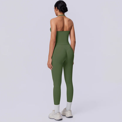 Nahtloses Yoga-Set für Damen, ärmelloses Top und Capri-Leggings in Olivgrün