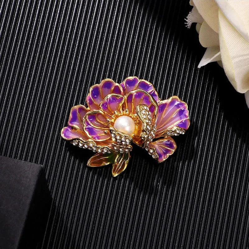 Brosche Blume Perle Emaille Kristall Tropföl Klassisch elegant Damen