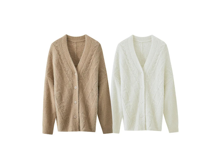 Damen-Strickjacke V-Ausschnitt Nerz-Imitat locker dick Winter