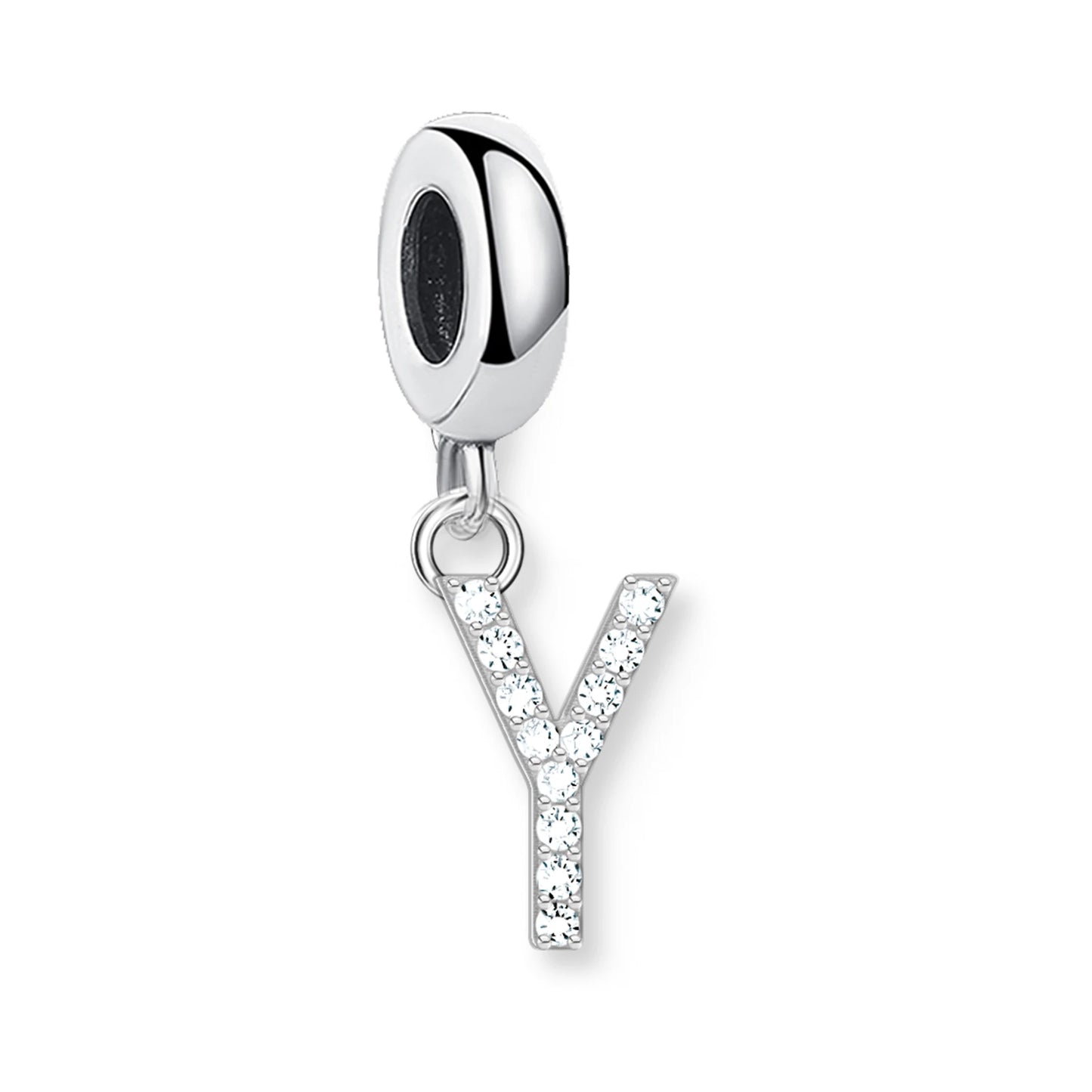 Buchstaben-Charm-Anhänger aus 925er Sterlingsilber mit Strassbuchstabe V und dunklem Stein oben.