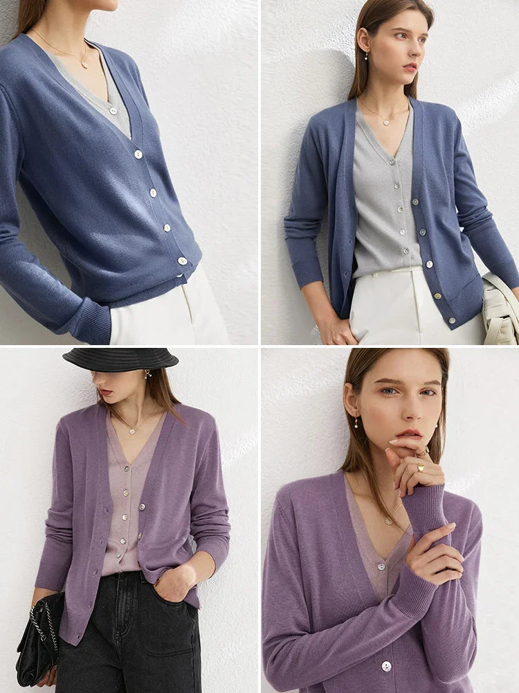 Damen-Strickjacke V-Ausschnitt dünn locker Patchwork Sommer