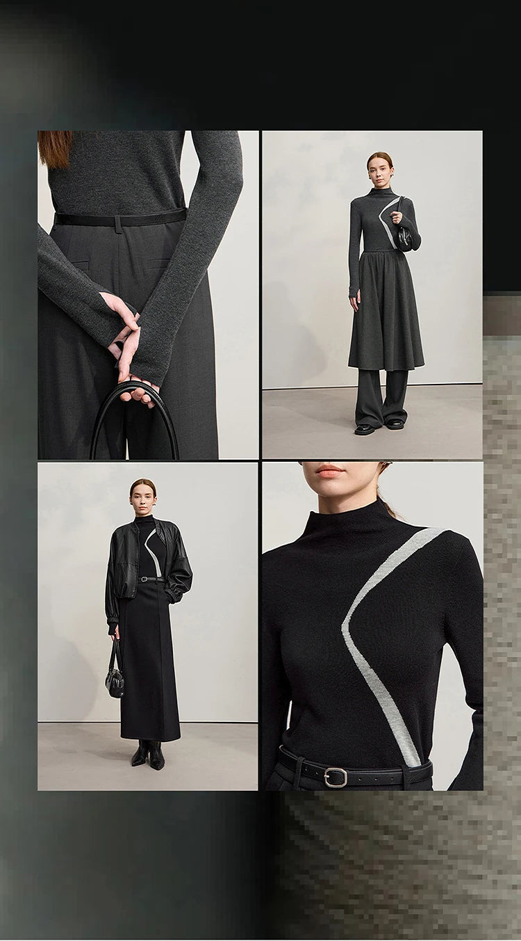 Damenpullover mit Stehkragen, langarmig, schwarz mit heller Schrägpartie