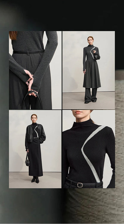 Damenpullover mit Stehkragen, langarmig, schwarz mit heller Schrägpartie