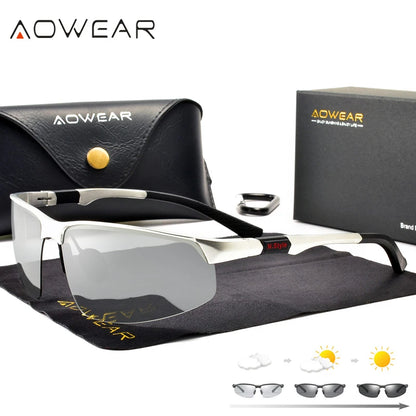AOWEAR Photochrome polarisierte randlose Sonnenbrille für Herren, Tag und Nacht, Fahren, Chamäleon-Brille, Autofahrer, blendfreie Brille