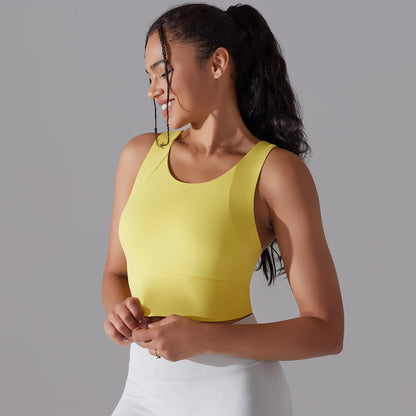 Nylon-Yogatop für Frauen, Slim Fit, ärmellos, U-Ausschnitt, Gelb, Vorderansicht