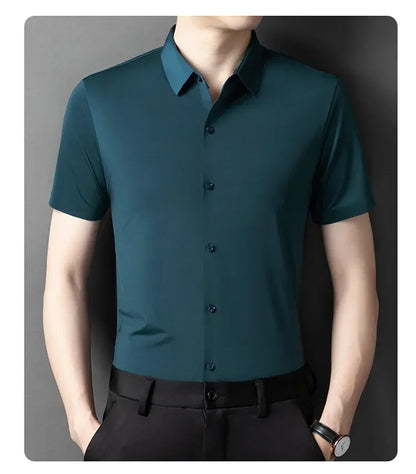 Herren-Hemd mit Vier-Wege-Stretch, Farbblock-Diamantmuster und Knopfleiste – ideal für Business-Casual und formelle Anlässe.
