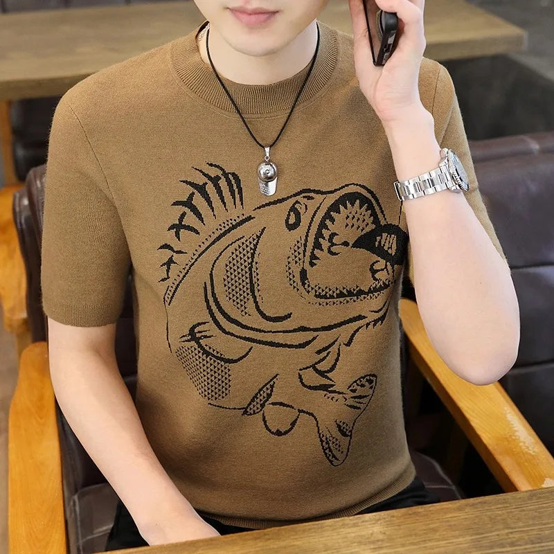 Herren T-Shirt aus leichtem Jacquard mit kurzem Arm im Retro-Stil