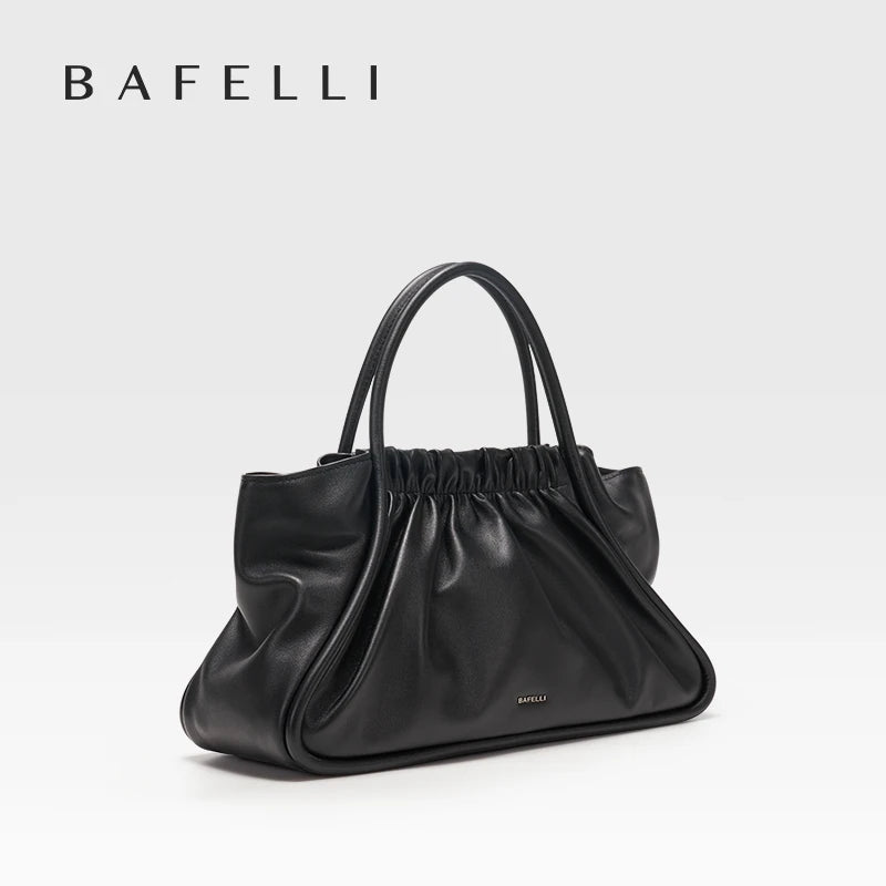 Schwarze Damenhandtasche aus Leder mit gerafftem Oberteil und langen Henkeln