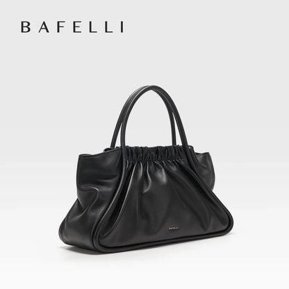 Schwarze Damenhandtasche aus Leder mit gerafftem Oberteil und langen Henkeln